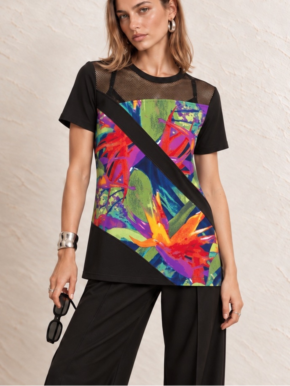 NWT Tropical T Shirt. Summer Top Bright Colourful Unique Black Mesh Detail.